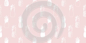 Seamless tropical vector pattern with white pineapples on summer warm pink background