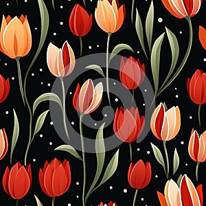 Seamless Tulip Vector Pattern With Red Tulips And Green Leaves