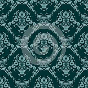 Seamless turquoise damask Wallpaper with bouquet of Flowers.