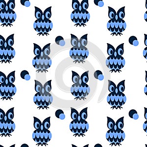 Seamless two-color pattern with cute owls. Blue and cyan colors. Vector background