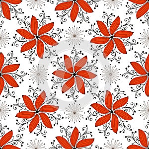 Seamless two-tone pattern with red flowers and black curls