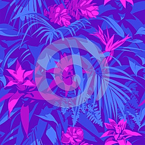 Seamless Ultraviolet Hawaiian tropical pattern with, palm leaves and flowers.