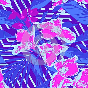 Seamless Ultraviolet Hawaiian tropical pattern with, palm leaves and flowers.