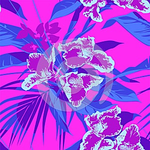 Seamless Ultraviolet Hawaiian tropical pattern with, palm leaves and flowers.