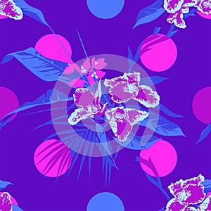 Seamless Ultraviolet Hawaiian tropical pattern with, palm leaves and flowers.