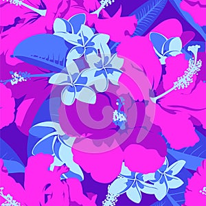 Seamless Ultraviolet Hawaiian tropical pattern with, palm leaves and flowers.