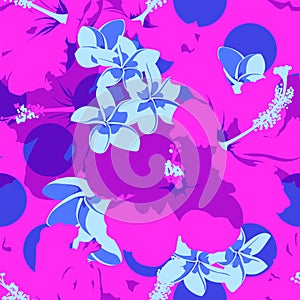 Seamless Ultraviolet Hawaiian tropical pattern with, palm leaves and flowers.