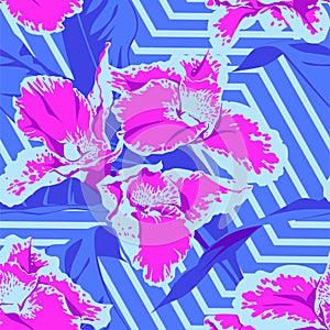 Seamless Ultraviolet Hawaiian tropical pattern with, palm leaves and flowers.