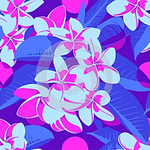 Seamless Ultraviolet Hawaiian tropical pattern with, palm leaves and flowers.