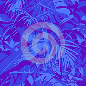 Seamless Ultraviolet Hawaiian tropical pattern with, palm leaves and flowers. photo