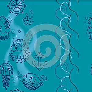 Seamless underwater pattern with cute octopus, jellyfish, whale, squid, star, steering wheel, anchor