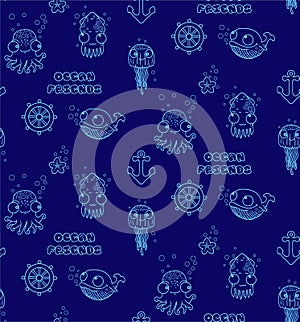 seamless underwater pattern with cute octopus, jellyfish, whale, squid, star, steering wheel, anchor