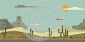 Seamless unending background for game or animation. Desert landscape with cactus, stones and mountains in the background