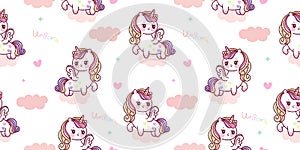 Seamless unicorn pattern animal Pegasus on sweet cloud cartoon kawaii vector animal horn horse fairytale illustration