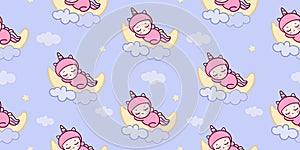 Seamless Unicorn vector cute baby sleep and wear pony cartoon with cloud kawaii animals pattern background