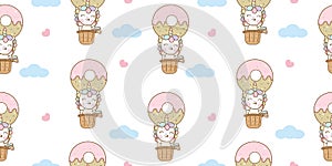 Seamless Unicorn vector in donut balloon fly with sweet cloud cute pony cartoon kawaii animals pattern background