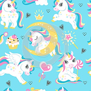 Seamless unicorns pattern. Cute animals background. Fairy tale characters. Funny kids horses with rainbow manes, horns