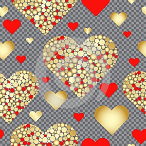 Seamless valentine pattern of red and gold hearts
