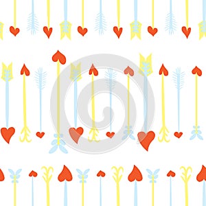 Seamless Valentines Day background with Cupid`s arrows. Tiled vector holiday texture. Love wrapping paper design.