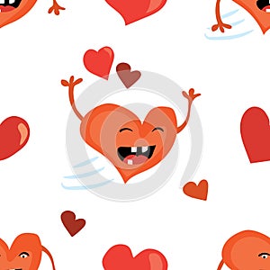 Seamless Valentines Day background with funny red heart character. Tiled vector holiday texture. Love wrapping paper design.