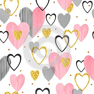 Seamless Valentines Day pattern with abstract pink watercolor hearts