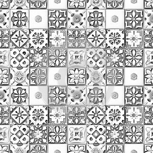 Seamless variety of embossed tiles with floral and geometric patterns in grayscale