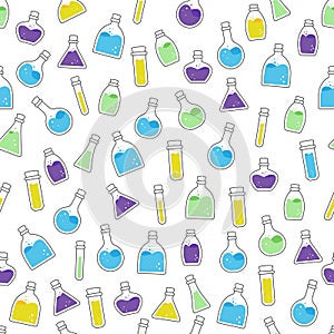 a seamless of various chemistry laboratory Potion bottles, flask and testing tube with chemical potion liquid