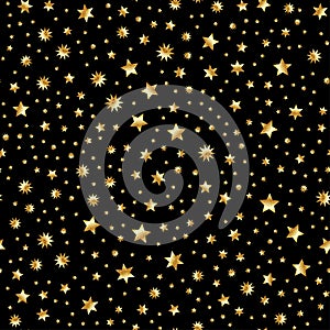 Seamless vector with abstract gold glitter star texture on black backdrop. Golden vintage background