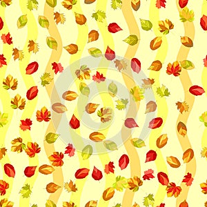 Seamless, Vector Abstract Image of Stylized Autumn Leaves On a Yellow Background and Zigzag Stripes. Application in Design and