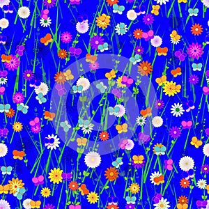 Seamless, Vector Abstract Image of Stylized Butterflies, Flowers and Grass On a Bright Blue Background. Application in Design
