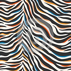 Seamless vector abstract pattern featuring a zebra print design with black and white stripes accented by orange, blue