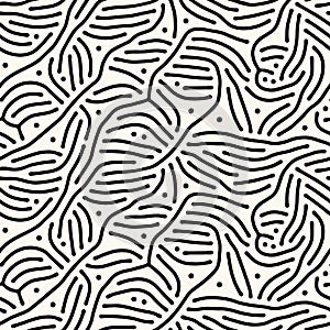 Seamless vector abstract pattern with lines and dots in monochrome. Background of repeatable organic rounded shapes