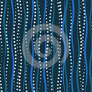 Seamless vector abstract pattern with waves of lines and circles in monochrome blue colors on black background. Endless geometric