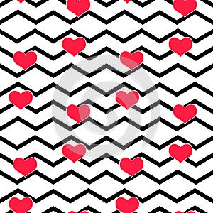 Seamless vector with abstract red hearts texture on black and white zigzag stripes