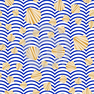 Seamless vector with abstract shell gold texture on blue and white stripes. Golden vintage background