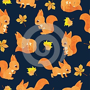 Seamless vector autumn pattern with cute squirrels and leaves