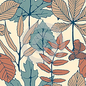 Seamless vector autumn pattern with hand drawn tree leaves. autumn design for covers, packaging, printing