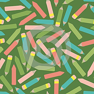 Seamless vector back to school pattern with colorful crayons and wooden pencils