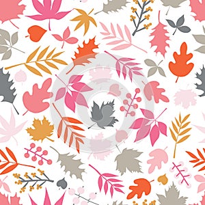 Seamless vector background autumn doodle leaves. Scandinavian style repeating pattern. Red pink gold gray leaf