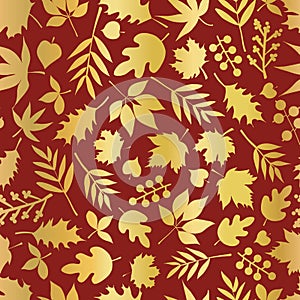 Seamless vector background autumn leaves gold foil. Foliage nature fall leaf elements repeating pattern. Metallic golden