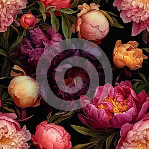 Seamless vector background with blooming colorful peonies.