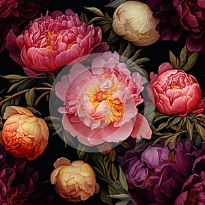 Seamless vector background with blooming colorful peonies.