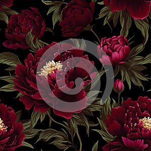 Seamless vector background with blooming marsala red peonies.
