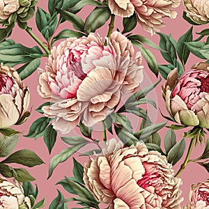 Seamless vector background with blooming pink peonies.