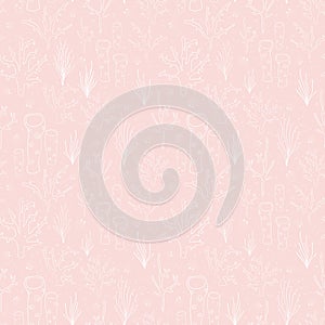 Seamless vector background coral reef subtle pink. Underwater pattern with corals, sea plants, seaweed, sponge, clams, shells.