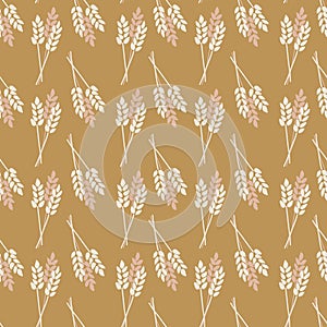 Seamless vector background crop Oat Wheat Barley Rye plant. Stylized autumn nature pattern. Pink brown gold white