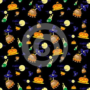 Seamless vector background with design elements: halloween pumpkins, candles, cauldron and moon on black background