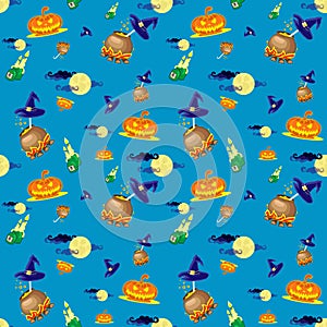 Seamless vector background with design elements: halloween pumpkins, candles, cauldron and moon on blue background