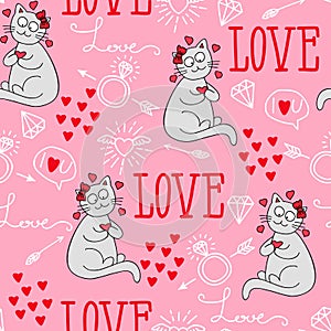 Seamless vector background with hearts, arrows, ringlets, cats, love. illustration for fabric, scrapbooking paper and other photo