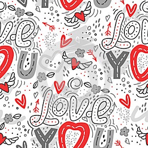 Seamless vector background with hearts, arrows, ringlets, flowers, love